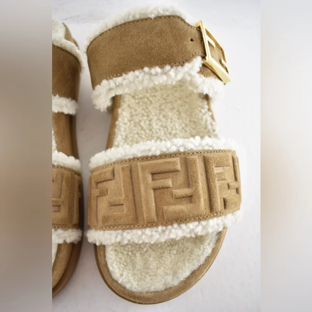Fendi Feel Slide Shearling Fur Lined Bronze Monogram Logo Mule Flat Sandal 36.5 - Picture 9 of 16